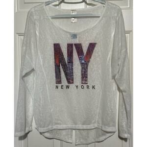 Cali Girls Style Womens White Long Sleeve Purple Embellished New York Top Size L